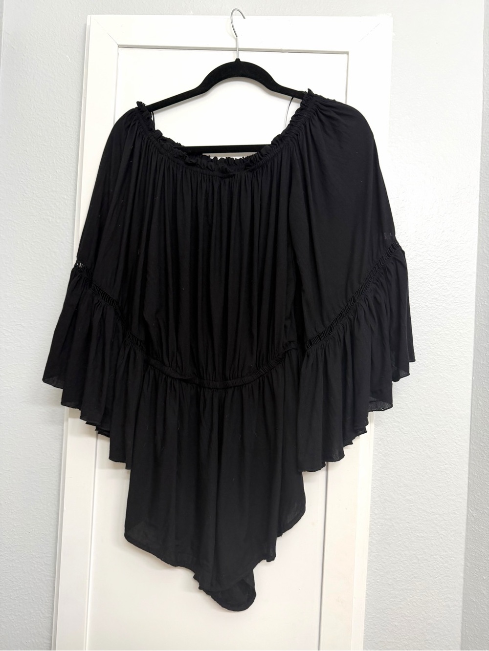 Elan Black Off Shoulder Bell Sleeve Romper Boho Drawstring Waist Size - Picture 5 of 8